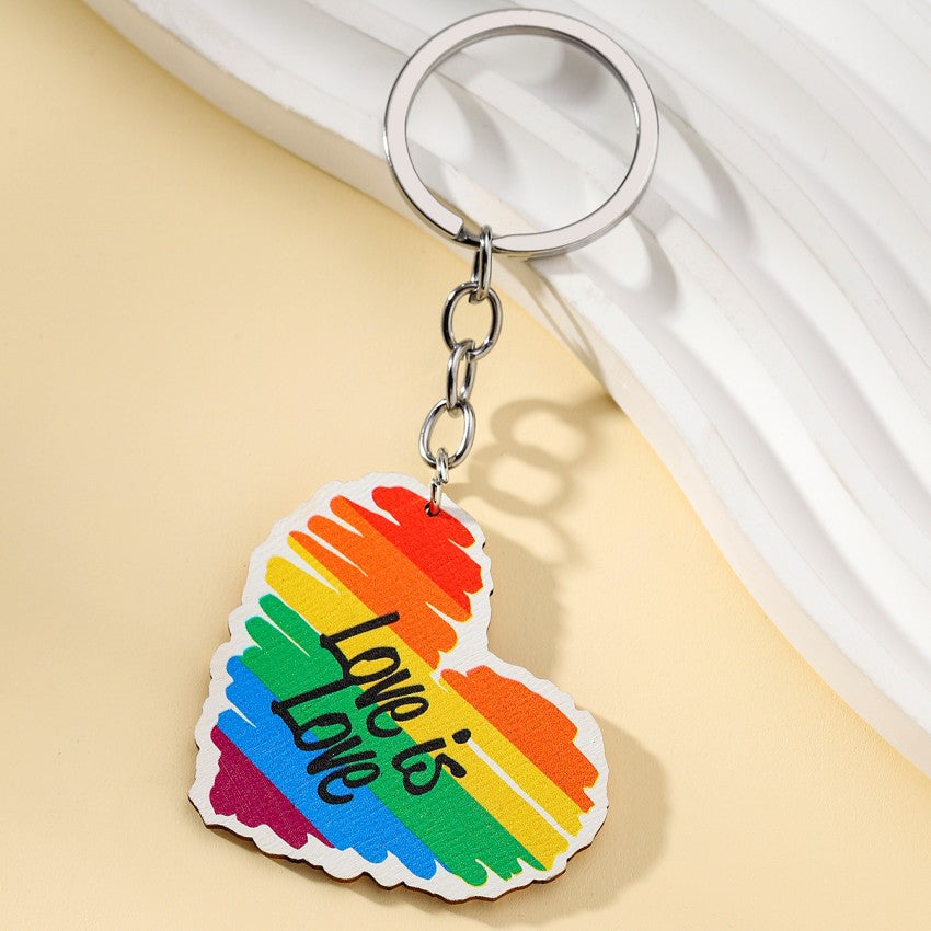 Wooden Rainbow Heart Keychain Love is Love Natural Texture 2