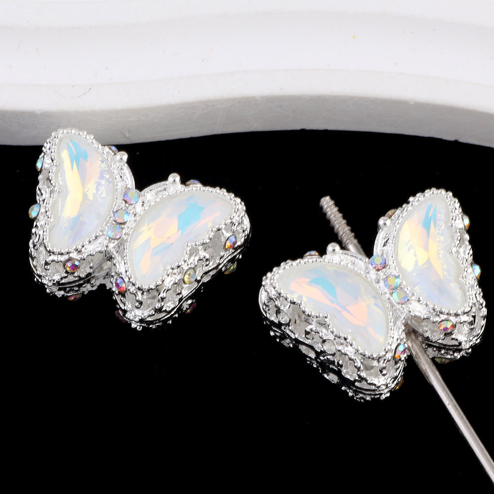 Butterfly Rhinestone Beads 28mm Colorful Silver Alloy 10pcs 17