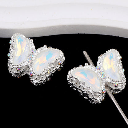 Butterfly Rhinestone Beads 28mm Colorful Silver Alloy 10pcs 17