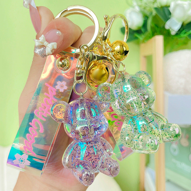 Acrylic Crystal Sitting Bear Keychain Iridescent Glitter Colors