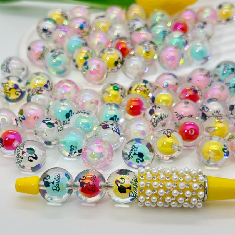 Plating Acrylic Beads 16mm Barbie Printed Colorful Mixed 50pcs 2