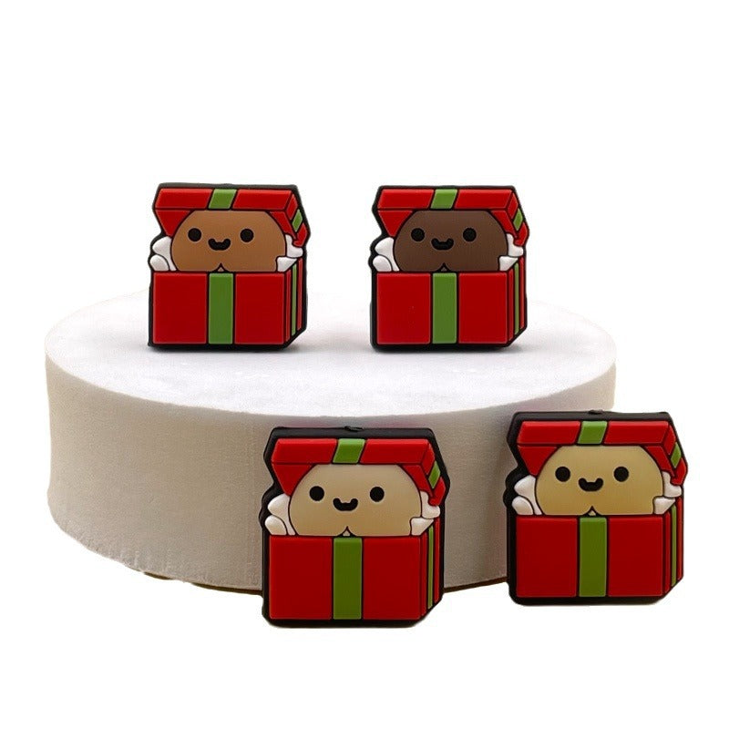 Silicone Focal Beads Christmas Gift Box with Playful Faces 20pcs 5