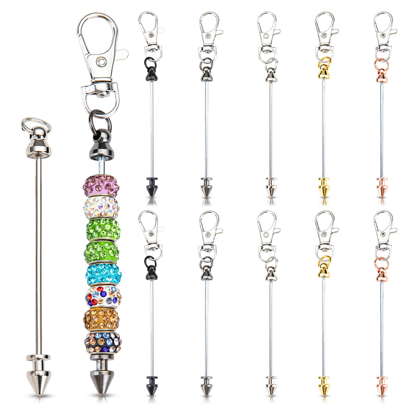 Beadable Keychain Metal Conical Bullet Shape Rose Gold Silver Gun Gray Black