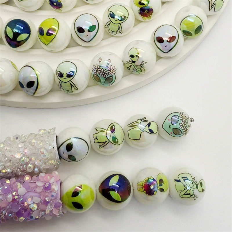 Plating Round Acrylic Beads 16mm Alien Design Mixed Colors 50pcs 4
