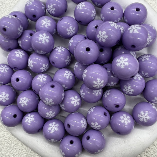 Printed Bubblegum Beads 20mm Pastel Purple Snowflake Pattern 10pcs