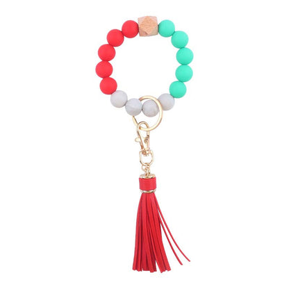 Silicone Beaded Wristlet Keychain with PU Tassel and Wood Accent 20
