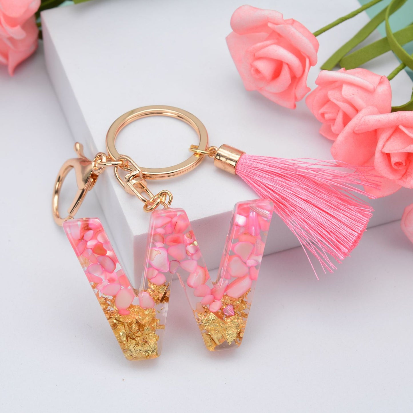 Resin Floral Pink Tassel Monogram Keychain Alphabet Letter A 49