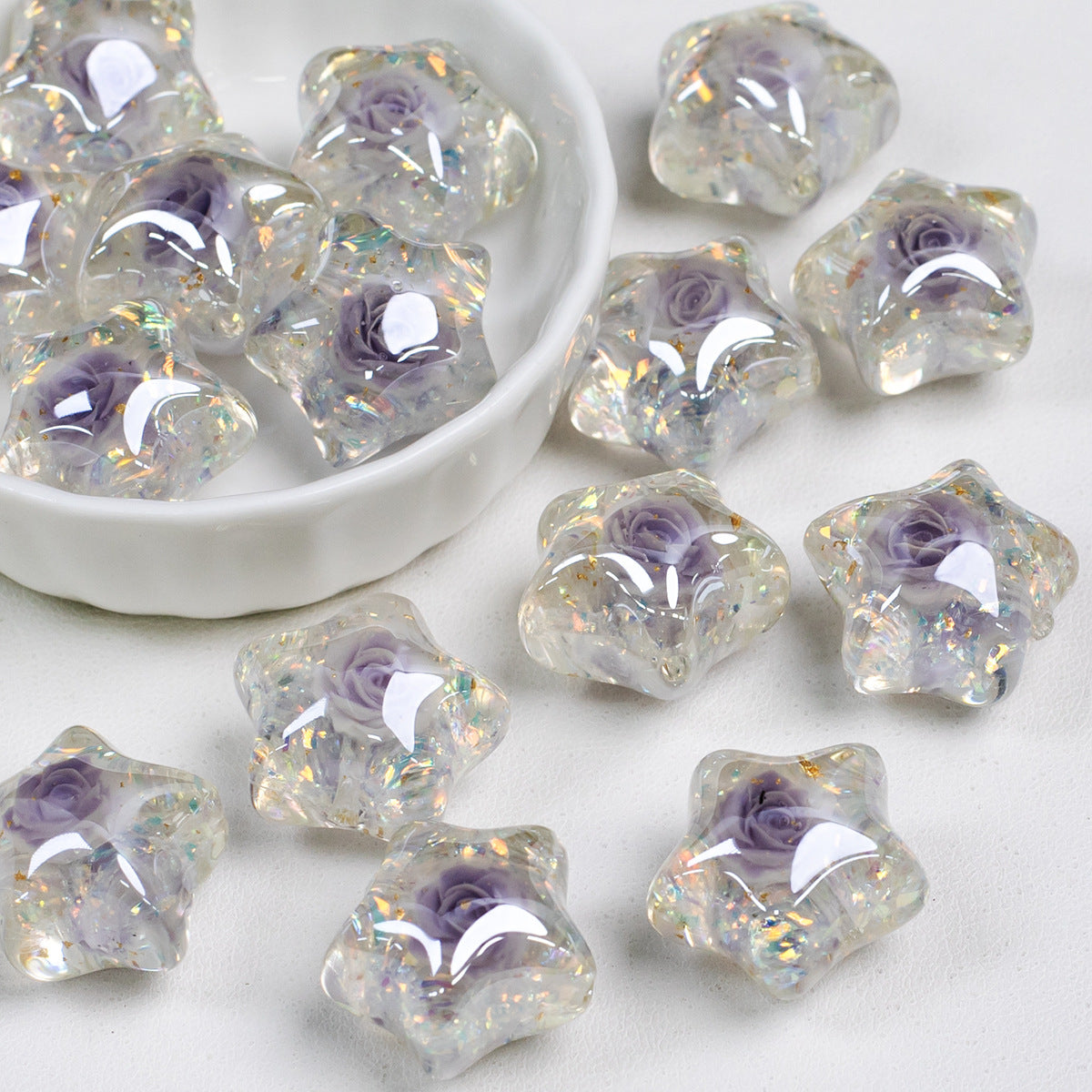 Glitter Rose Star Resin Beads 22mm Sparkle Mixed Colors 10pcs 18
