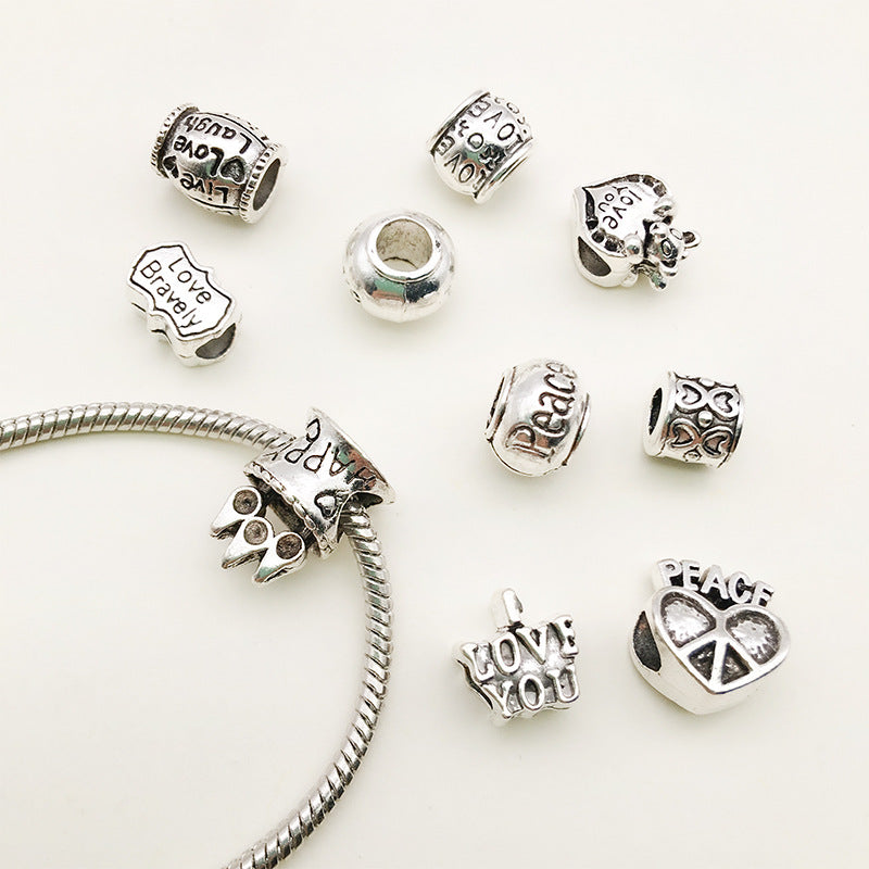 Heart Metal Beads Large Hole Antique Silver Tone 50pcs 2