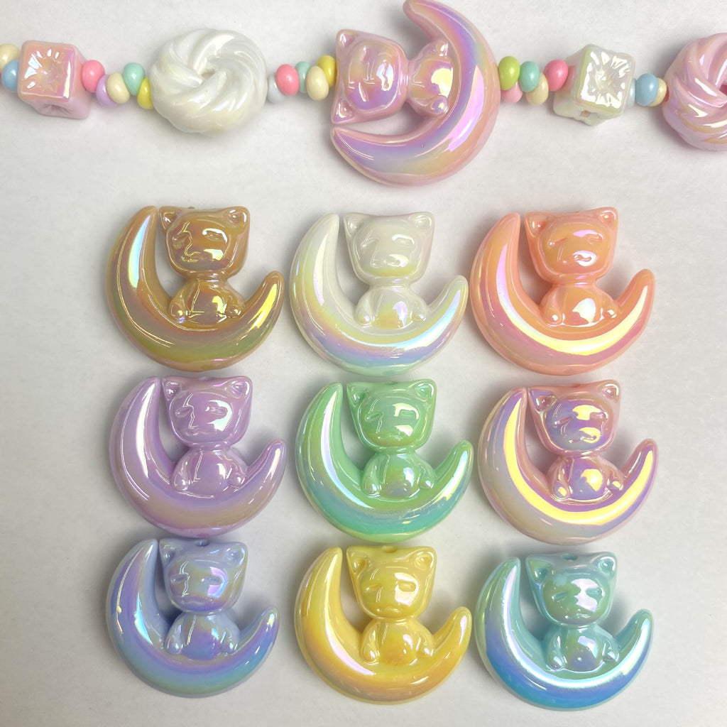 UV Plating Moon Cat Acrylic Beads 26mm Iridescent Pastel 50pcs