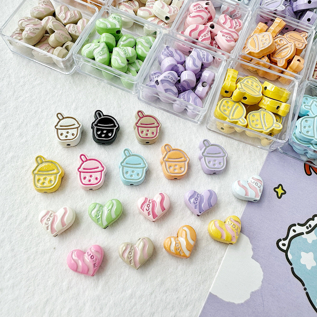 Heart Metal Beads Baking Painted Bubble Tea Design Alloy 10pcs