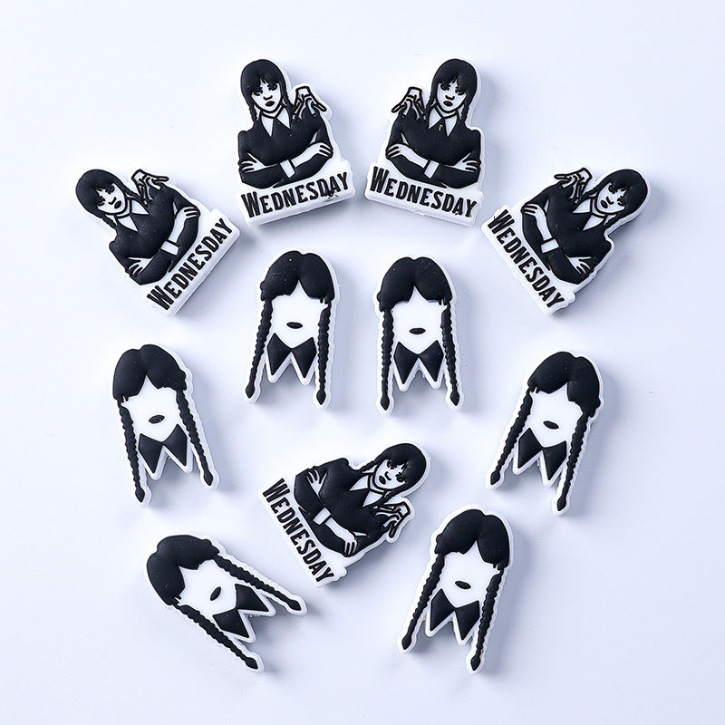 Silicone Focal Beads Wednesday Girl Bold Black and White 20pcs 3