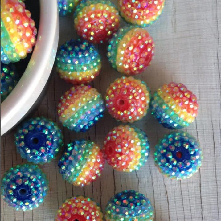 Rhinestone Bubblegum Beads 10-22mm Rainbow Striped Resin Chunky 5pcs 3
