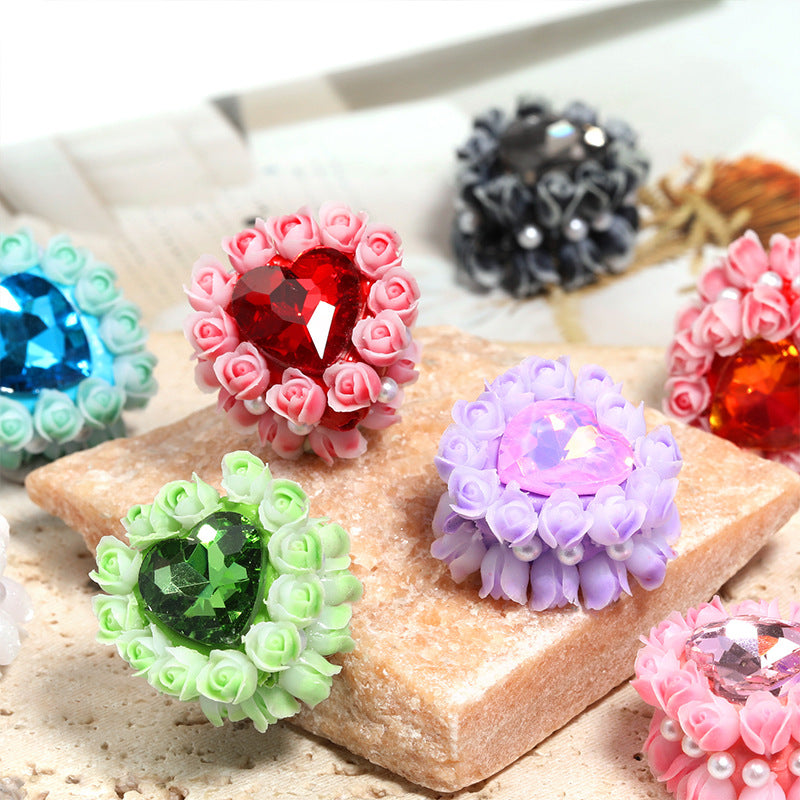 Heart Clay Beads 25mm Tiny Rose Wrapped Rhinestone 10pcs