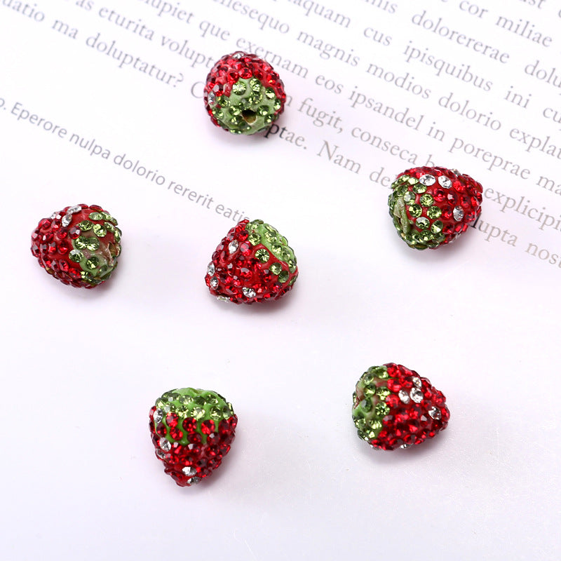 Strawberry Polymer Clay Rhinestone Beads 14mm Red Green 2pcs 3