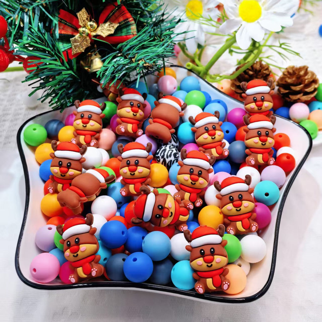 Silicone 3D Focal Beads Christmas Deer Doll Wearing Santa Hat 20pcs 2