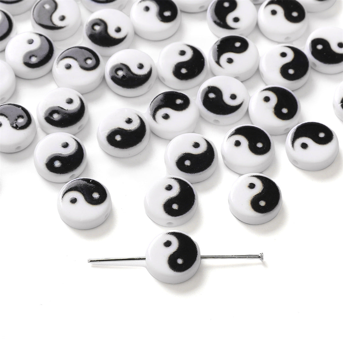 Tai Chi Flat Acrylic Beads 7-13mm Black White Color Printing 5pcs 10