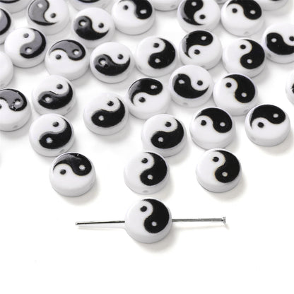 Tai Chi Flat Acrylic Beads 7-13mm Black White Color Printing 5pcs 10