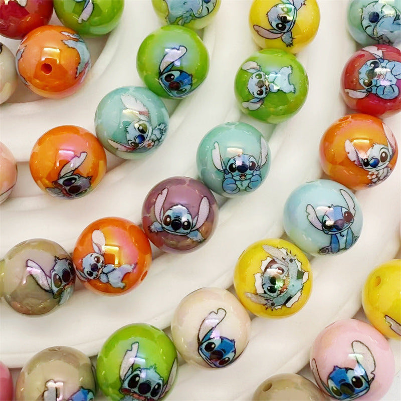 Plating Round Acrylic Beads 16mm Cute Cartoon Print 50pcs