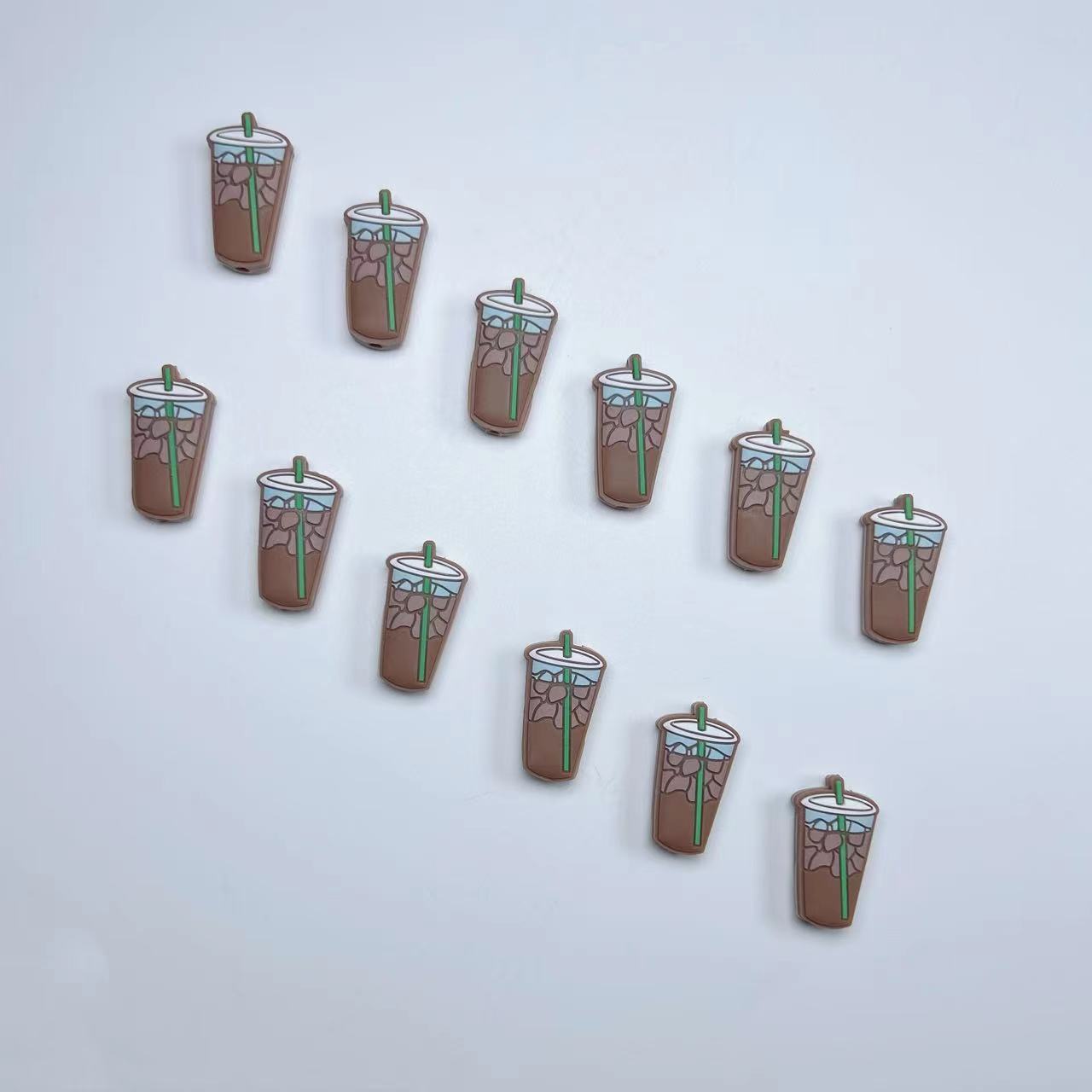 Silicone Focal Beads Camel Milk Tea Cup With Green Straw 20pcs 5
