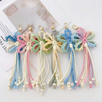 Crochet Flower Keychain Variegated Cotton Cord Pearl Tassels 24cm