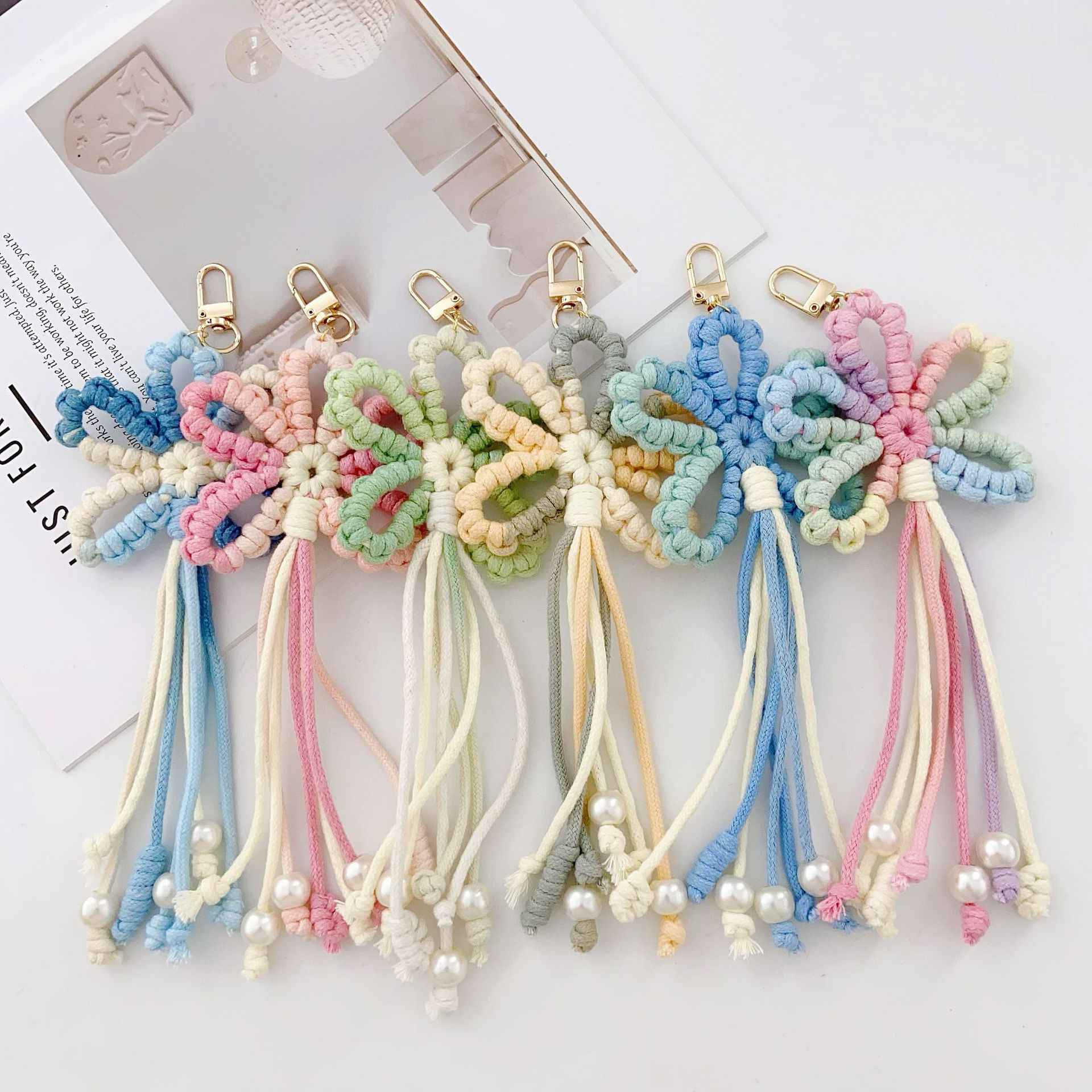 Crochet Flower Keychain Variegated Cotton Cord Pearl Tassels 24cm