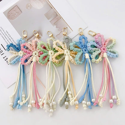 Crochet Flower Keychain Variegated Cotton Cord Pearl Tassels 24cm