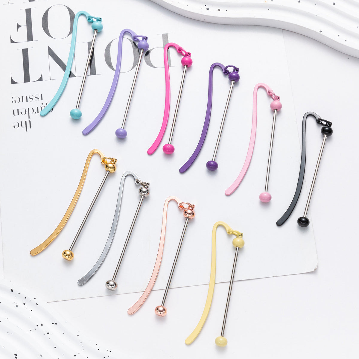 Beadable Bookmark Metal Curved Design Shiny Bead Ends Multicolor
