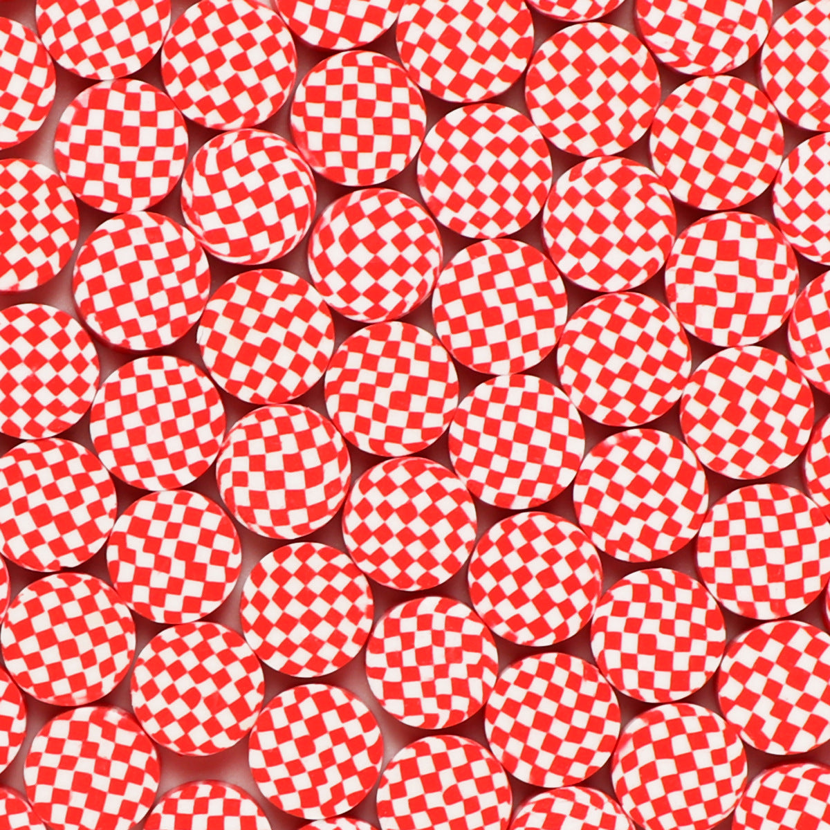 Flat Clay Beads 9mm Red Checkered Pattern Polymer 100pcs 6