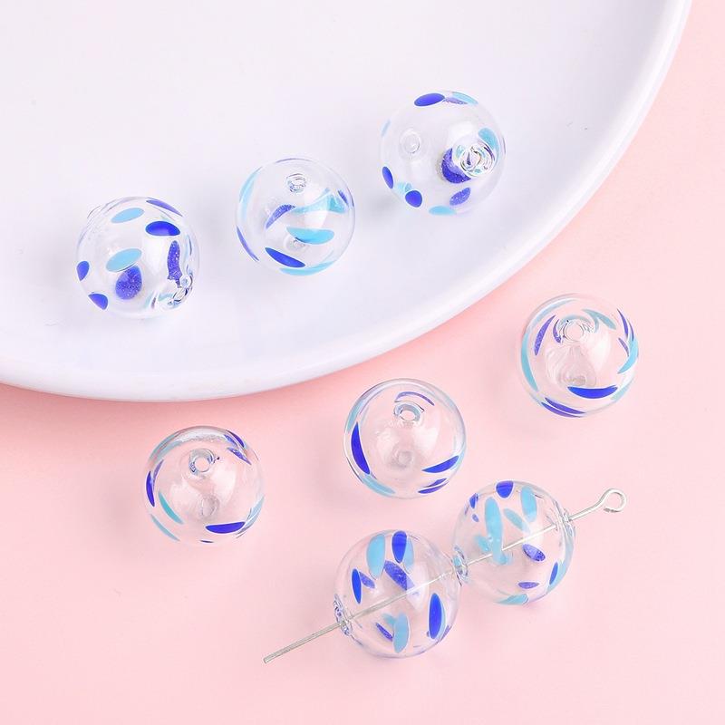 Hand Painted Hollow Polka Dotted Blown Glass Beads 14mm 4pcs 10