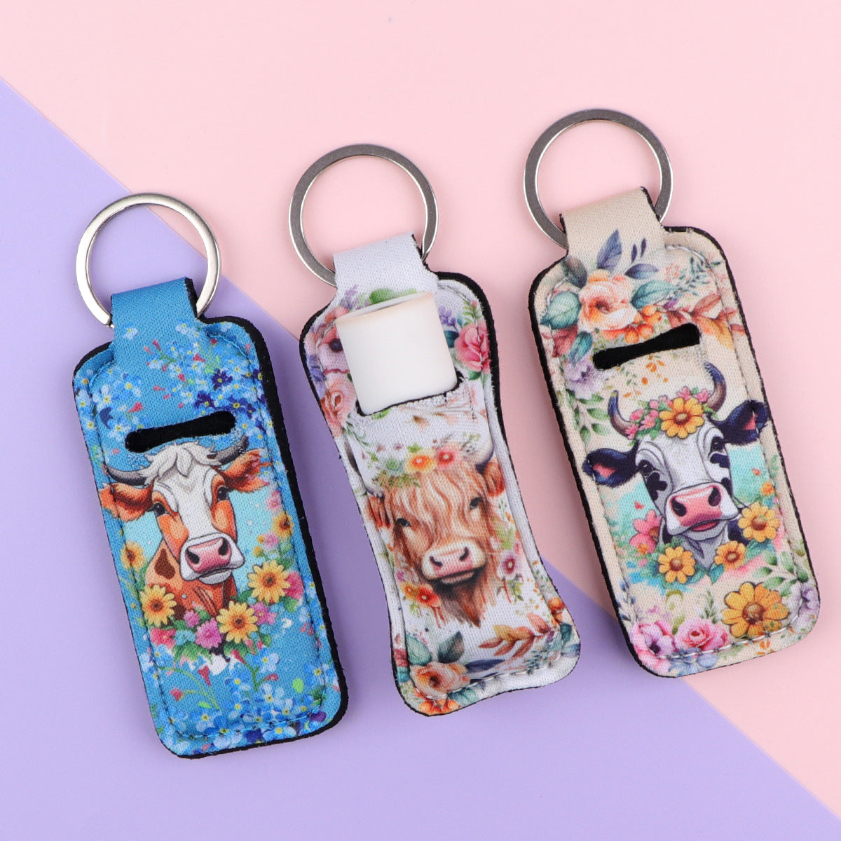 Highland Cow Pattern Chapstick Holder Neoprene Functional Keychain 3pcs