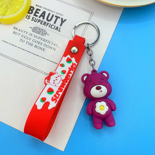 Silicone Bear Couple Keychain Pink and Burgundy with Strawberry and Flower Charm 2