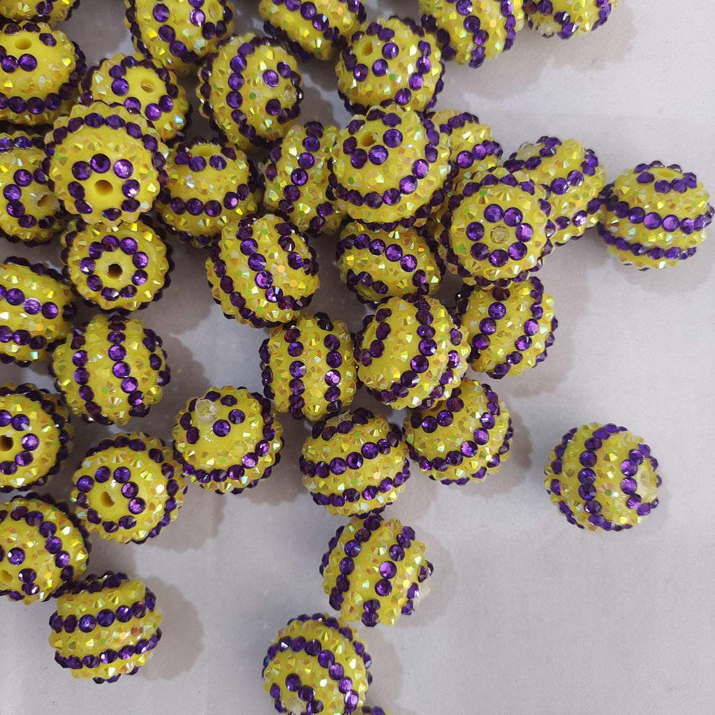 Plated Bubblegum Beads 16-22mm Deep Purple Rhinestone Striped Yellow 5pcs 3
