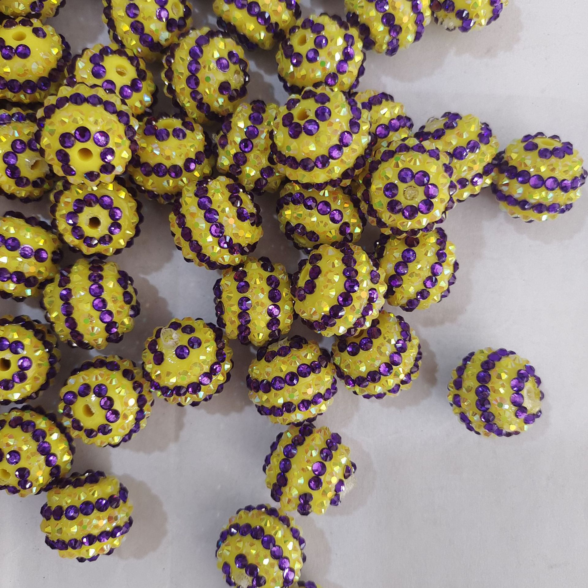 Plated Bubblegum Beads 16-22mm Deep Purple Rhinestone Striped Yellow 5pcs 3