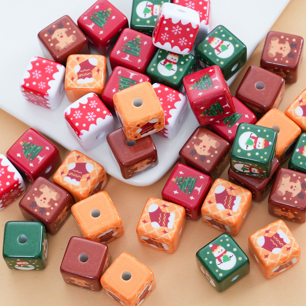 Baking Painted Christmas Square Acrylic Beads 15mm 10pcs 2