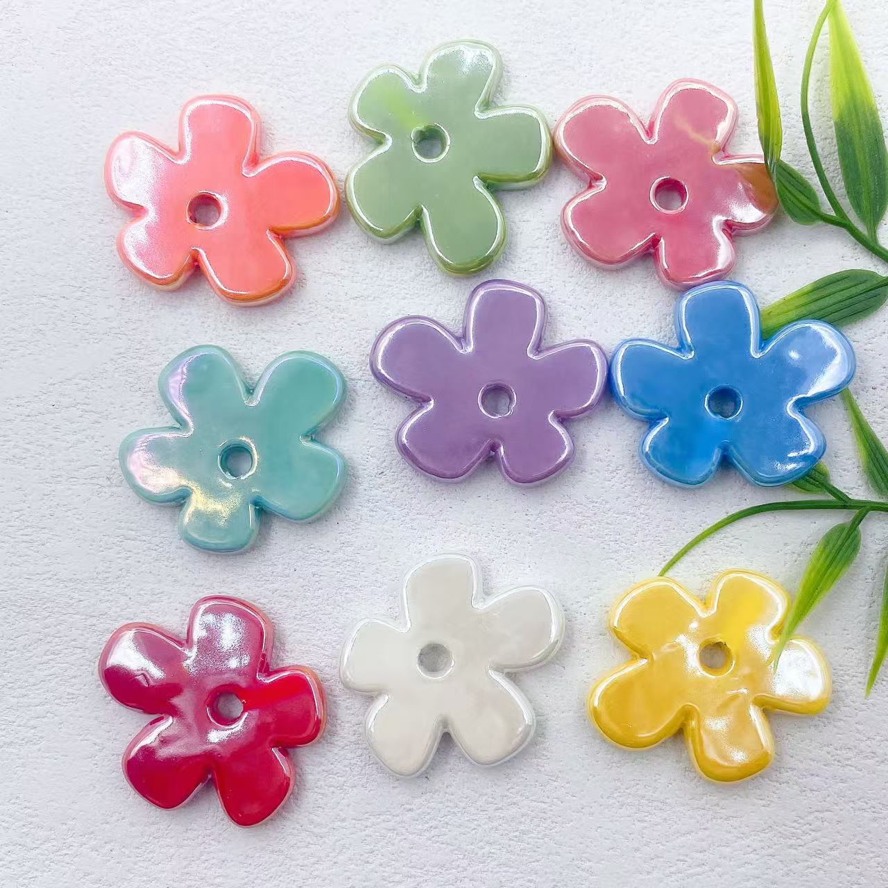 Flat Five-petal Flower Ceramic Beads 36mm Colorful Glazed 10pcs
