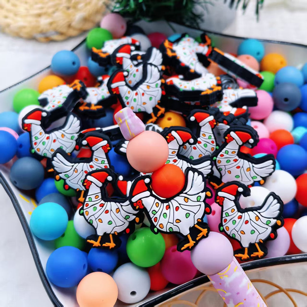 Silicone Focal Beads Christmas Chicken Wearing Santa Hat 20pcs 3