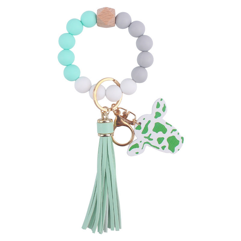 Western Cow Silicone Bead Wristlet Keychain with Faux Leather Tassel 7