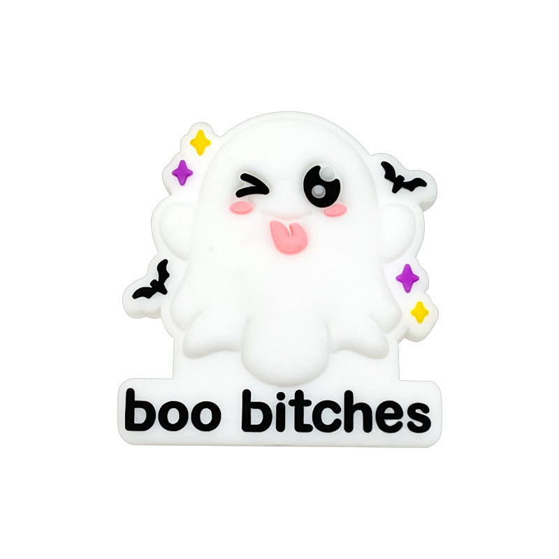 Silicone Focal Beads Halloween Winking Ghost With Printed Text 20pcs 5