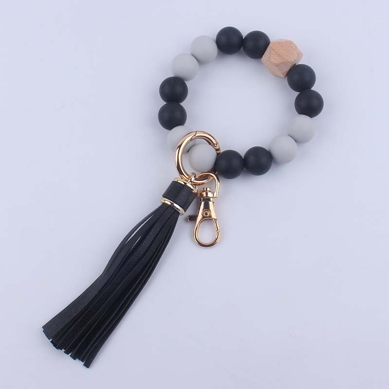 Silicone Beaded Wristlet Keychain with Leather Tassel and Octagonal Wood Accent 11