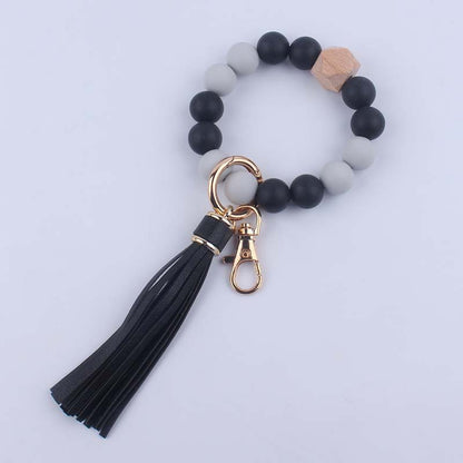 Silicone Beaded Wristlet Keychain with Leather Tassel and Octagonal Wood Accent 11
