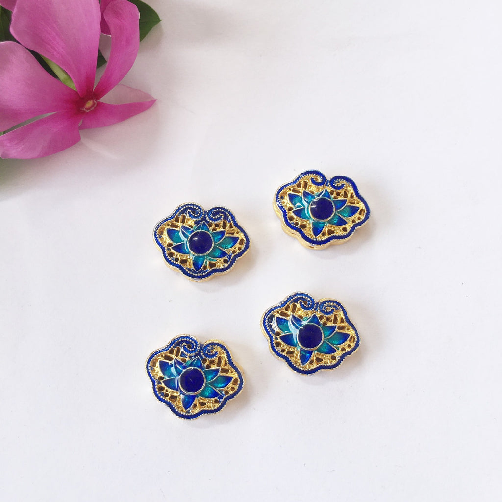 Cloisonne Metal Beads 20mm Lotus Pattern Enamel Lake Blue 25pcs