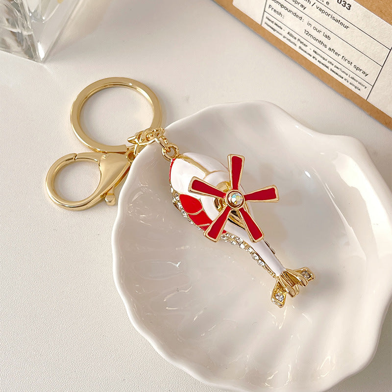 Metal Rhinestone Helicopter Keychain Gold Red Blades 2