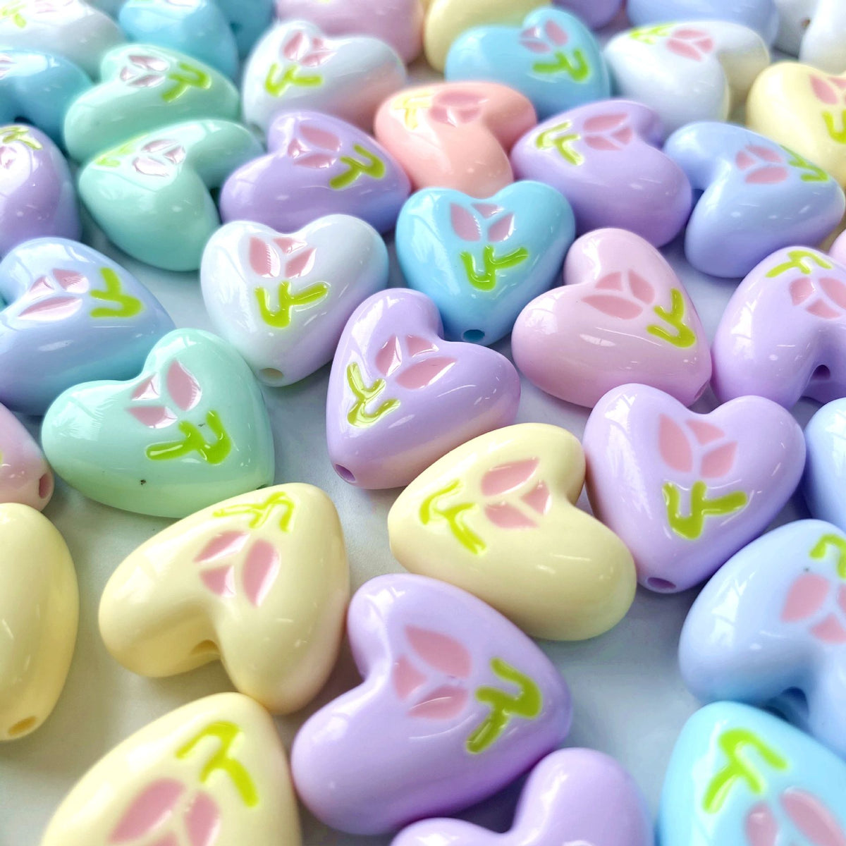 Hand Painted Heart Acrylic Beads 20mm Summer Tulip Pastel 100pcs 3