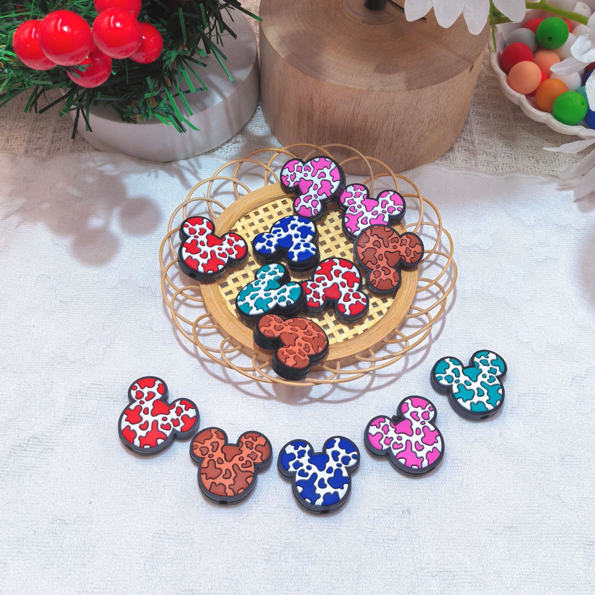 Silicone Focal Beads Mickey Head Multi-Color Spotted Pattern 20pcs 4