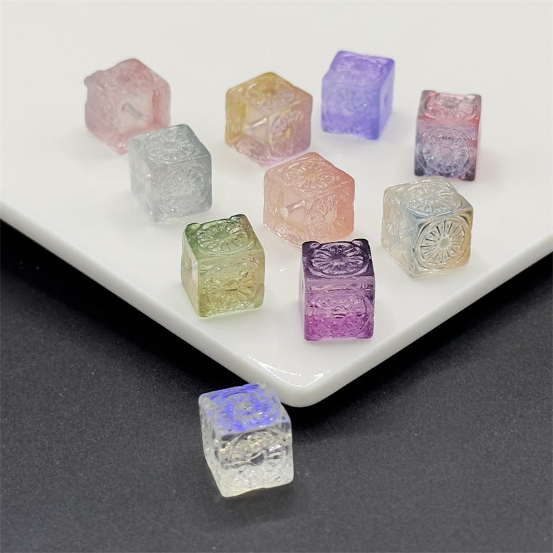 Carving Square Glass Beads 14mm Transparent Pastel Mixed 100pcs