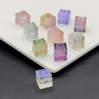 Carving Square Glass Beads 14mm Transparent Pastel Mixed 100pcs