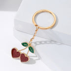 Vintage Alloy Cherry Keychain Glossy Red Heart Charm 3