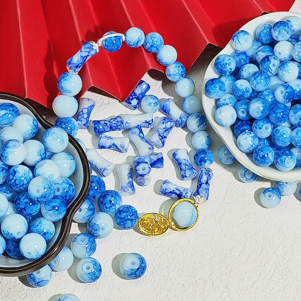 Antique Blue And White Porcelain Pattern Glass Beads 6x12mm 8mm 10mm 100pcs