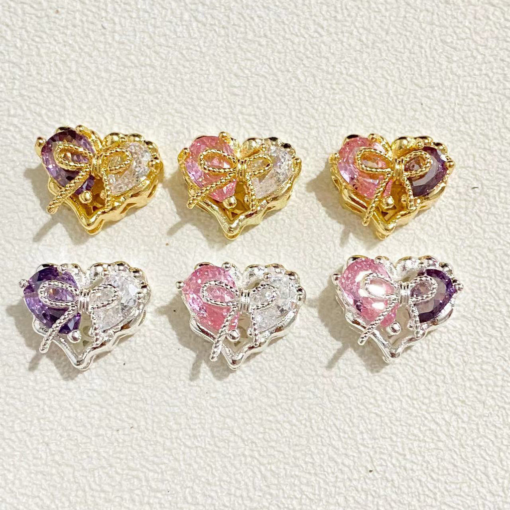 Brass Heart Metal Beads 12x10mm Zirconia Embeded Bow 5pcs